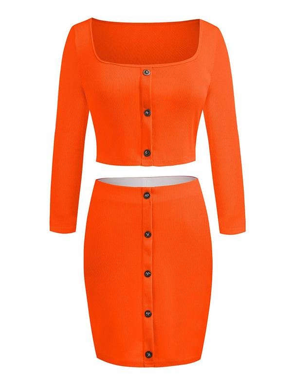 One-shoulder Long-sleeved Crop Top & Skirt Suit - LuckyFash™