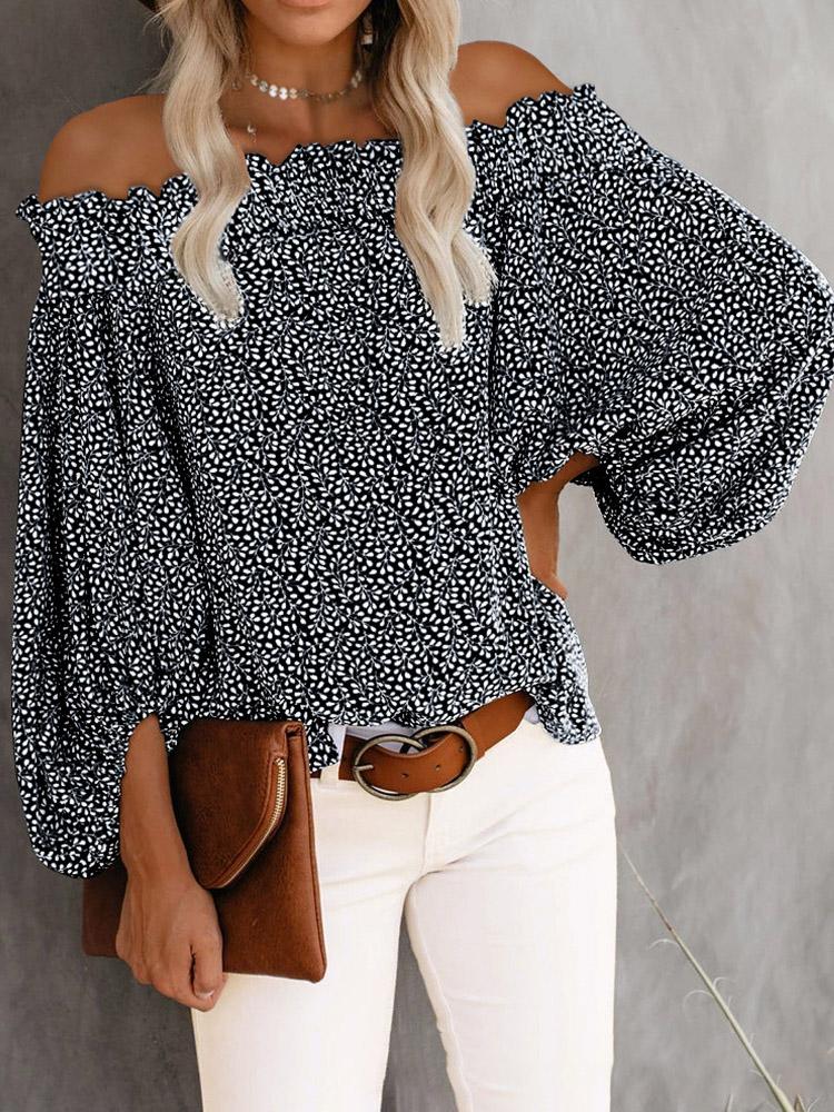 One-Shoulder Print Lantern Sleeve Blouses - LuckyFash™