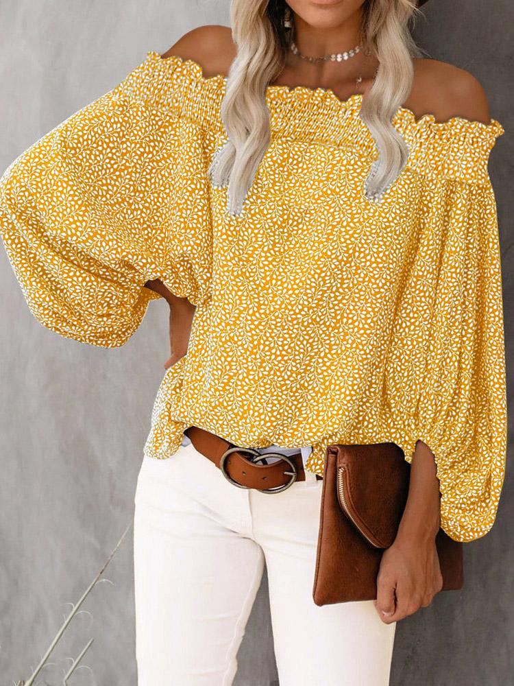One-Shoulder Print Lantern Sleeve Blouses - LuckyFash™