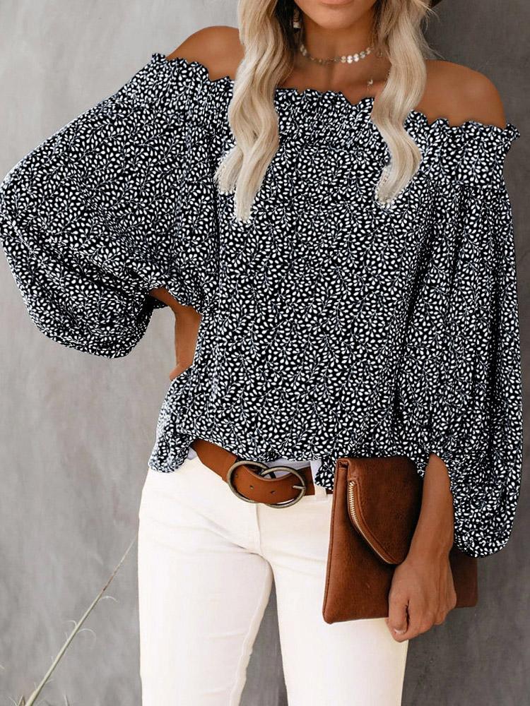 One-Shoulder Print Lantern Sleeve Blouses - LuckyFash™