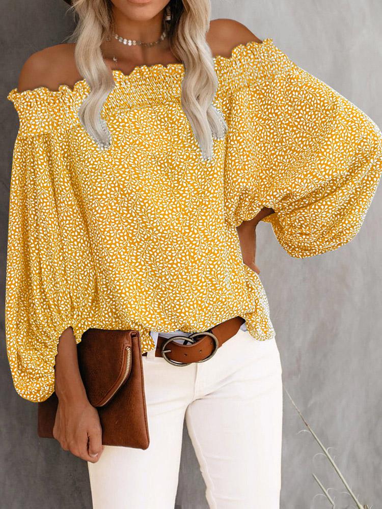 One-Shoulder Print Lantern Sleeve Blouses - LuckyFash™