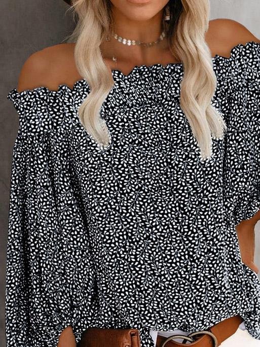 One-Shoulder Print Lantern Sleeve Blouses - LuckyFash™