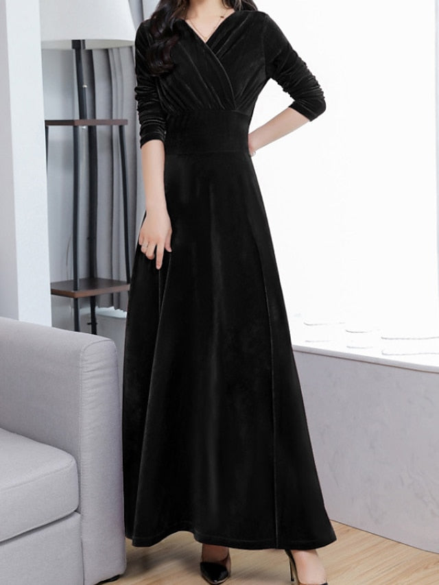 Women's Wedding Guest Dress Velvet Dress Red Midi Dress Purple Wine Royal Blue Black Long Sleeve Pure Color Ruched Winter Fall V Neck Modern Fall Dress 2023 M L XL XXL 3XL Winter Dress - LuckyFash™