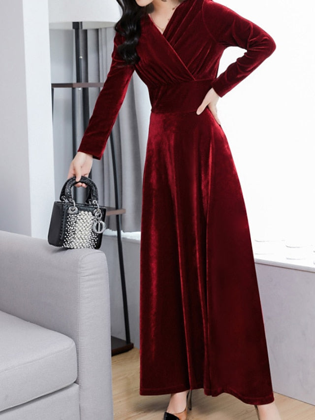 Women's Wedding Guest Dress Velvet Dress Red Midi Dress Purple Wine Royal Blue Black Long Sleeve Pure Color Ruched Winter Fall V Neck Modern Fall Dress 2023 M L XL XXL 3XL Winter Dress - LuckyFash™