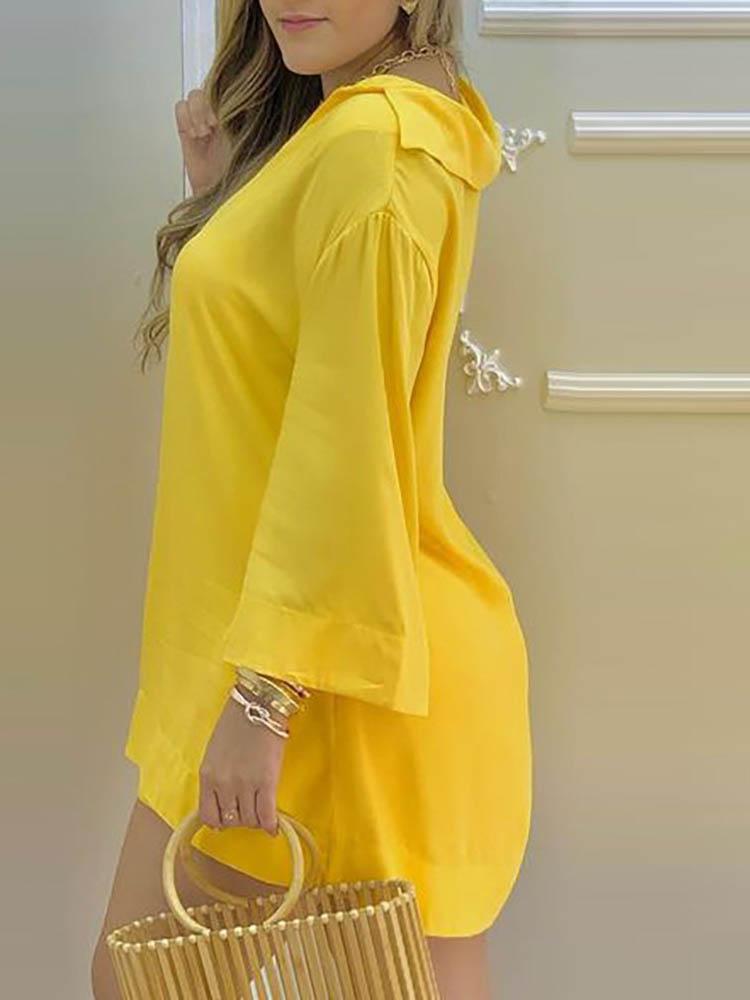 Plain Bell Sleeve V-Neck Top & Shorts Set - LuckyFash™