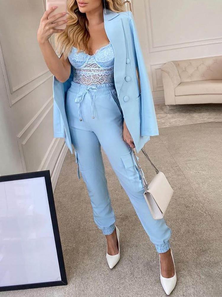 Plain Button Design Blazer Coat & Pockets Design Pencil Pants Set - LuckyFash™