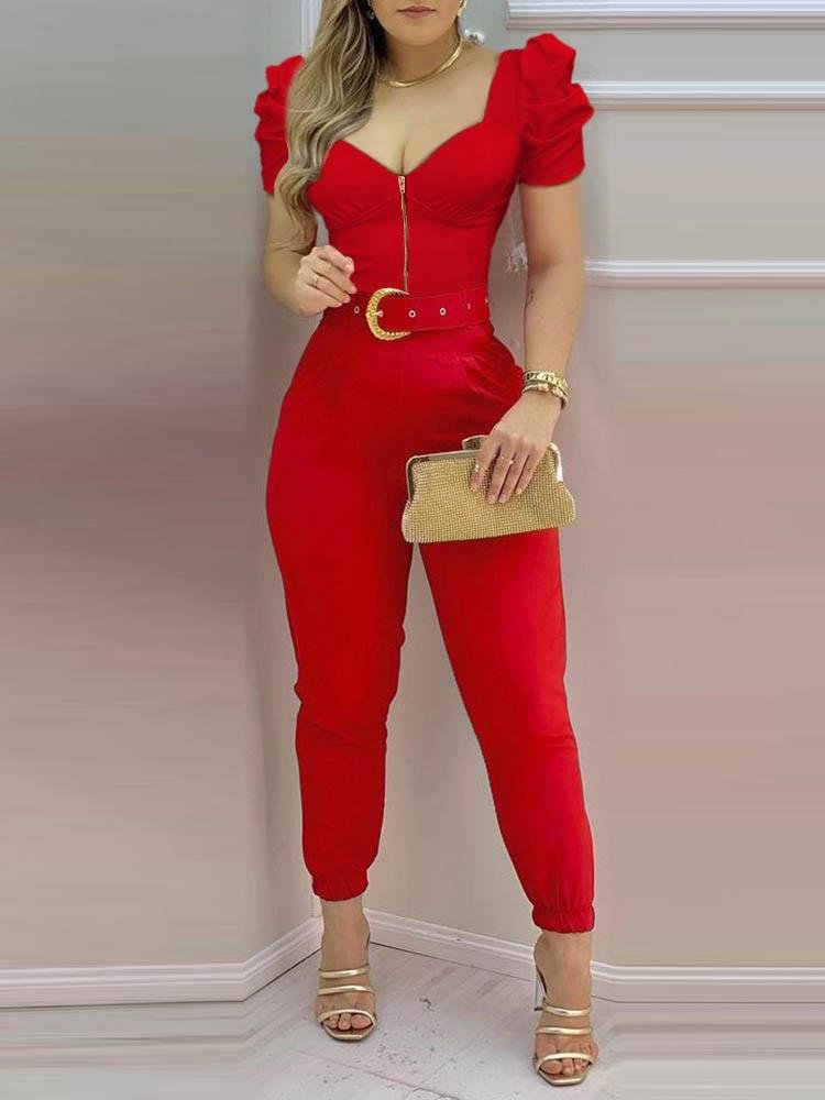 Plain Puffed Sleeve Jumpsuit With Belt - LuckyFash™