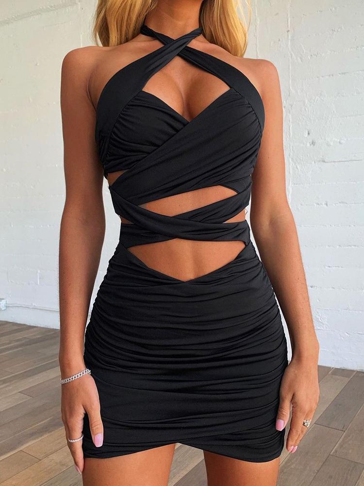 Plain Ruched Cutout Skinny Bodycon Dress - LuckyFash™