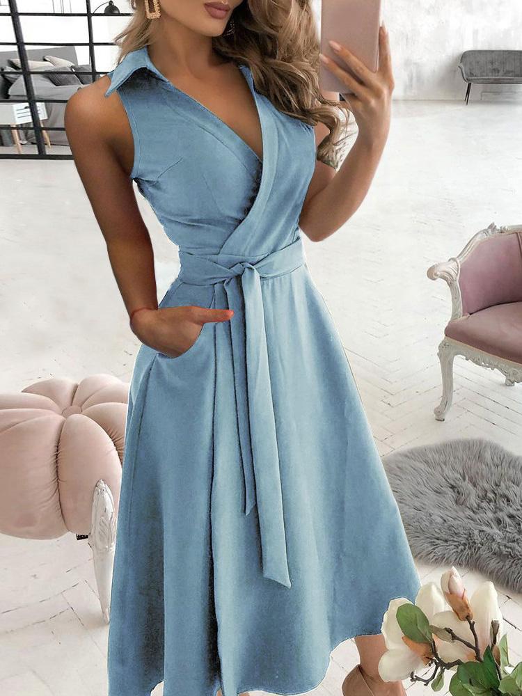 Pocket Design Sleeveless Wrap Shirt Dress With Belt - LuckyFash™