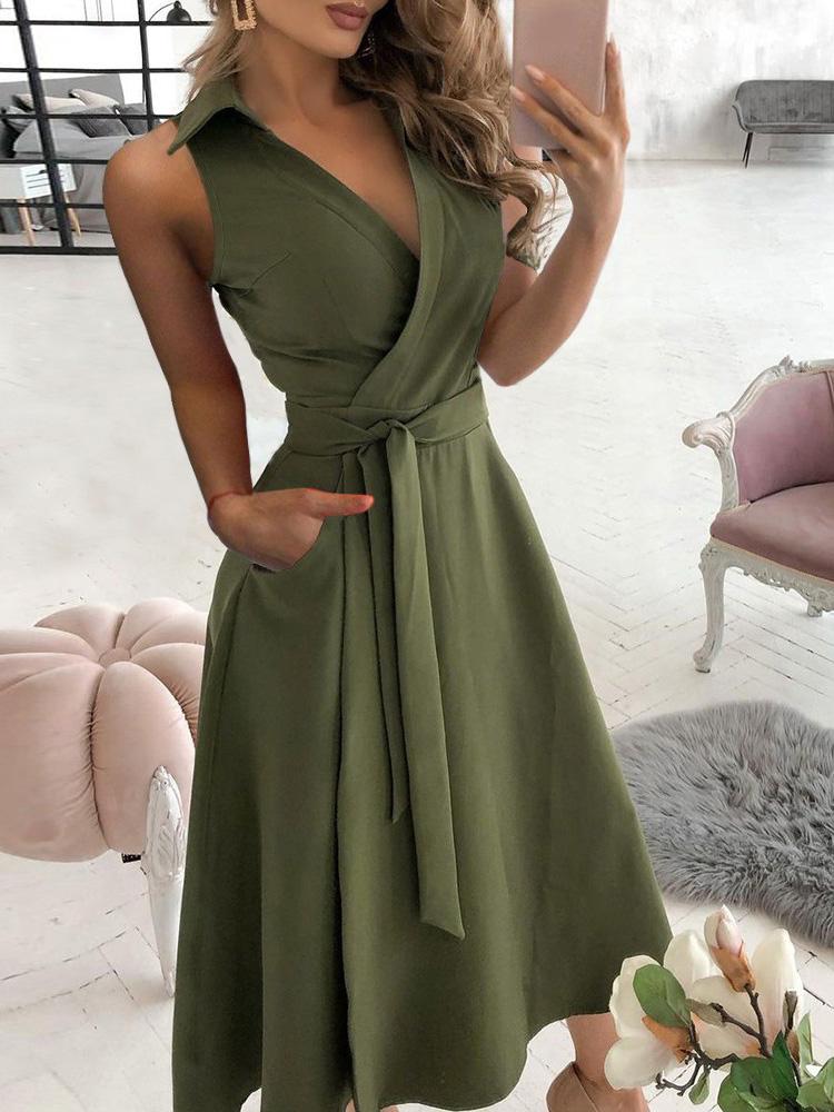 Pocket Design Sleeveless Wrap Shirt Dress With Belt - LuckyFash™