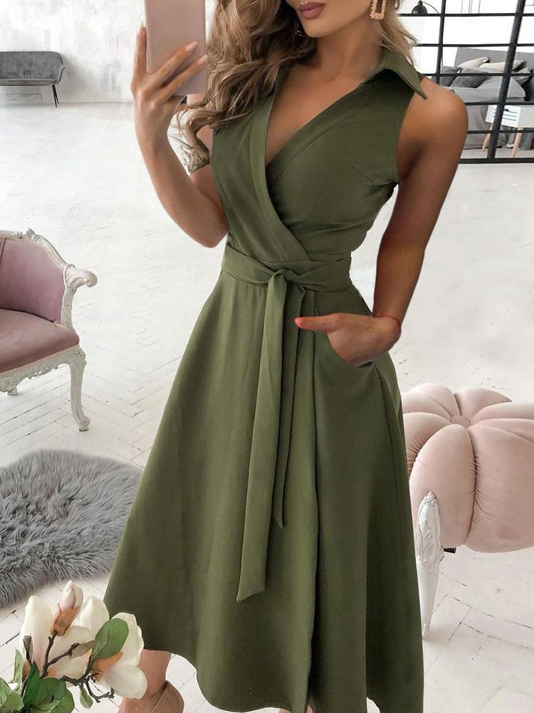 Pocket Design Sleeveless Wrap Shirt Dress With Belt - LuckyFash™