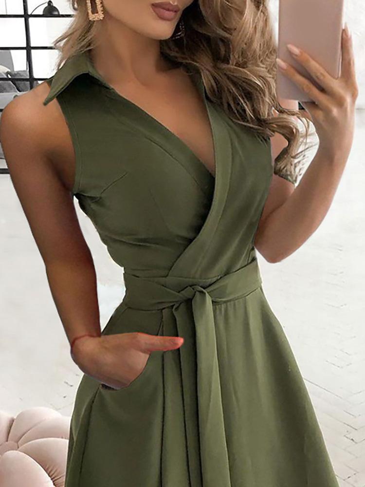 Pocket Design Sleeveless Wrap Shirt Dress With Belt - LuckyFash™
