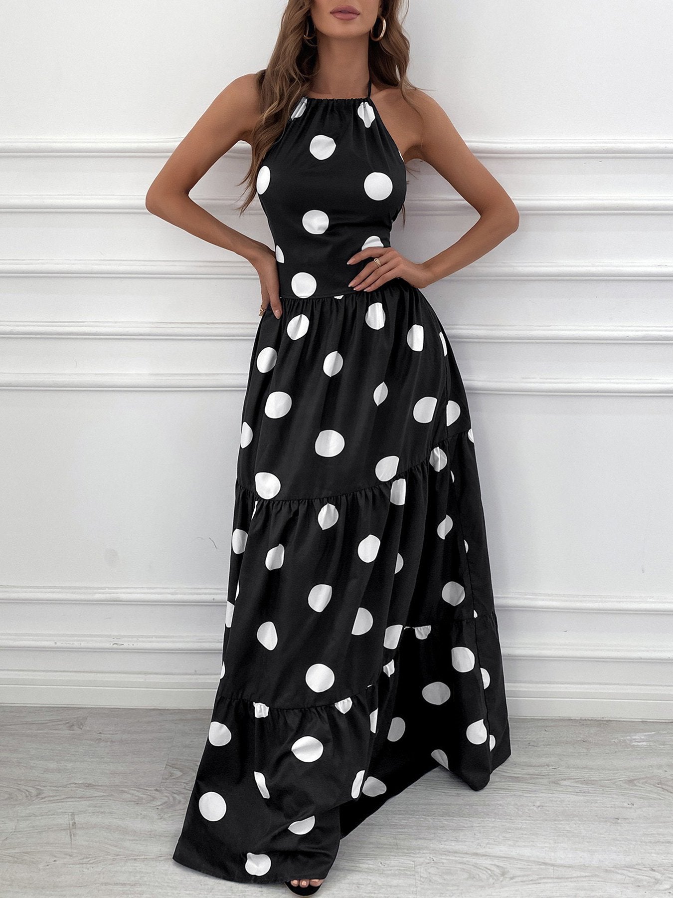 Polka Dot Print Halter Backless Ruched Maxi Dress - LuckyFash™