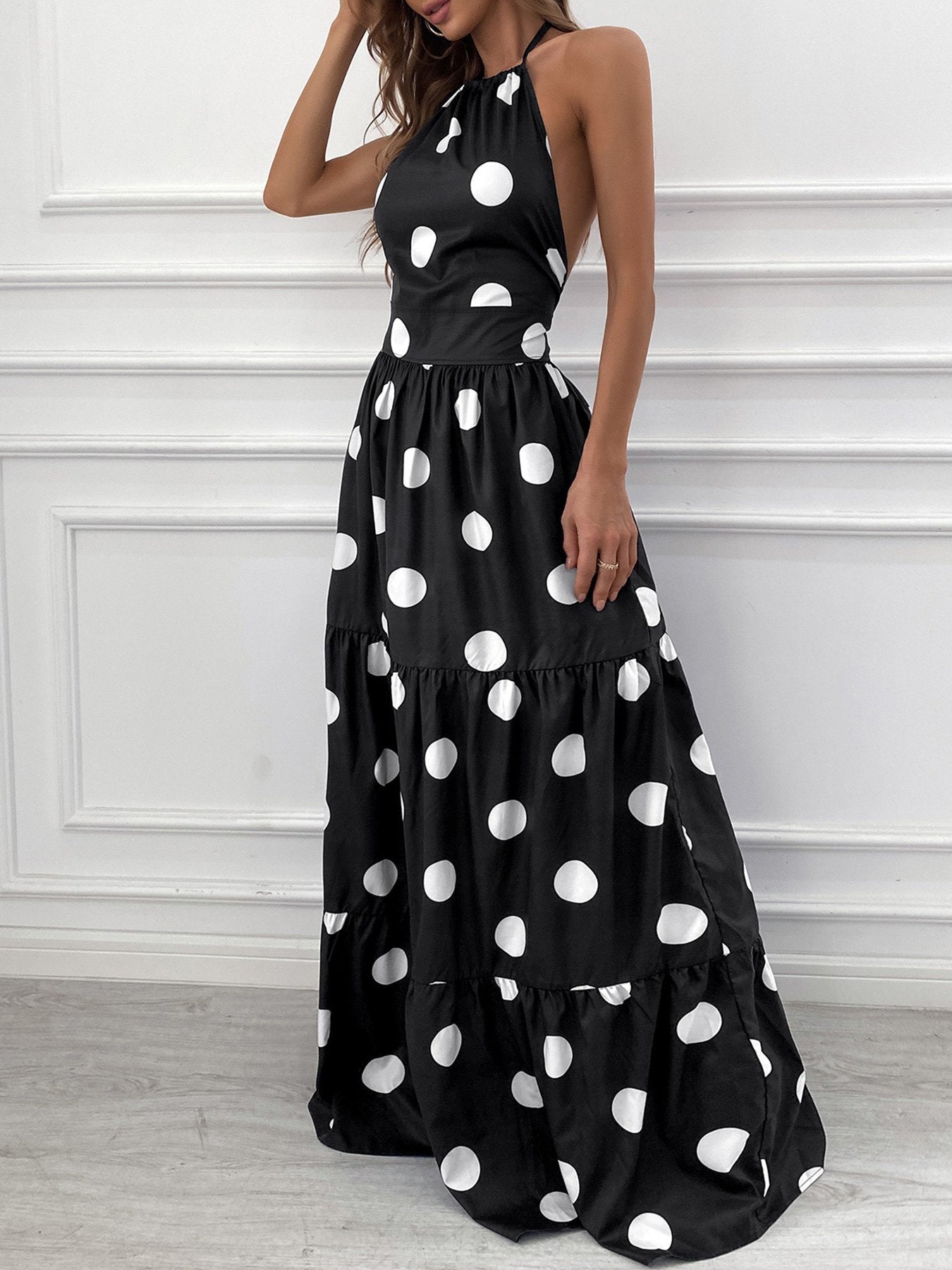 Polka Dot Print Halter Backless Ruched Maxi Dress - LuckyFash™