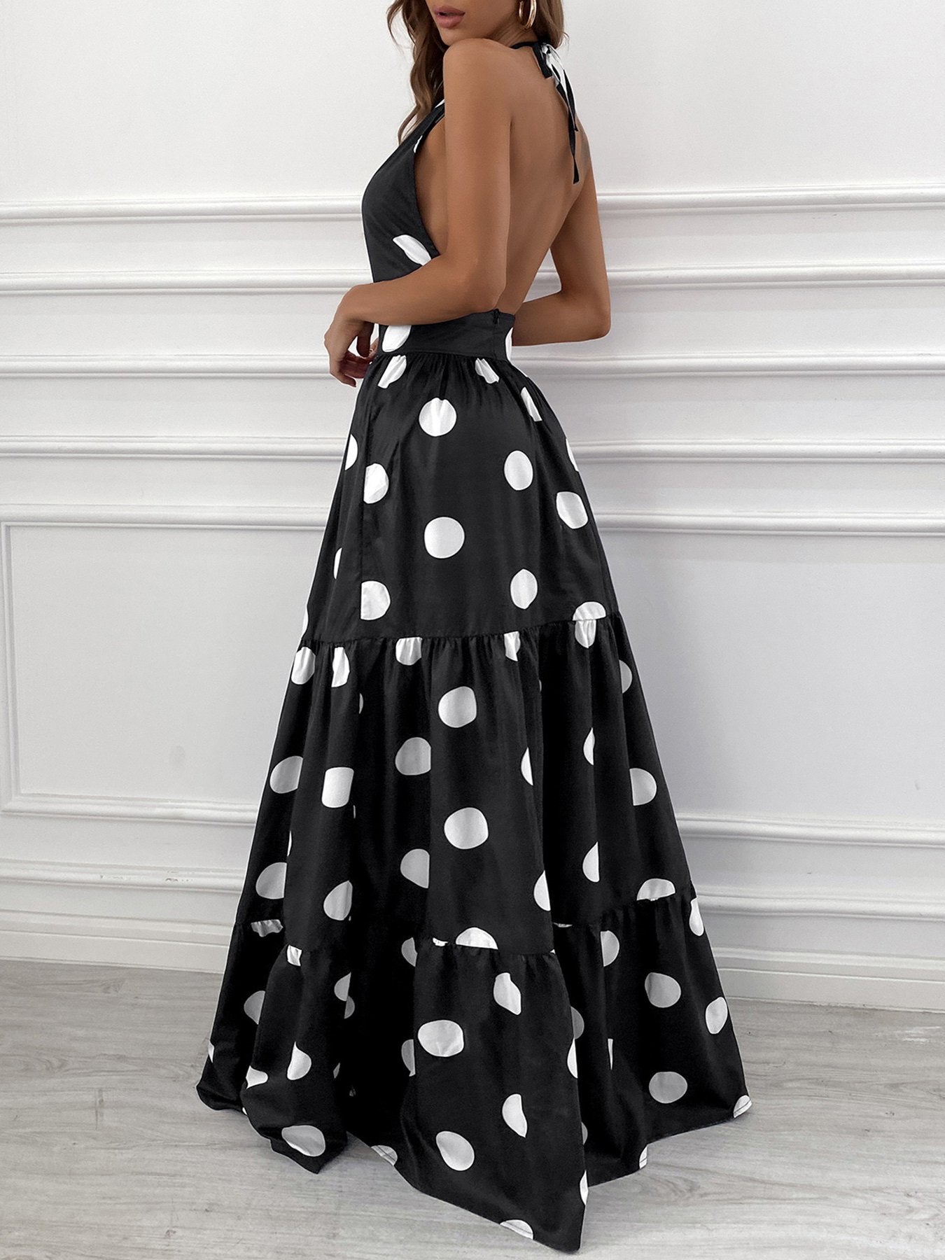 Polka Dot Print Halter Backless Ruched Maxi Dress - LuckyFash™