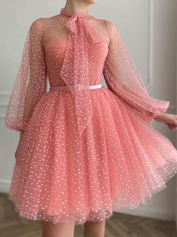Polkadot Print Tie Neck Lantern Sleeve Mesh Prom Dress - LuckyFash™