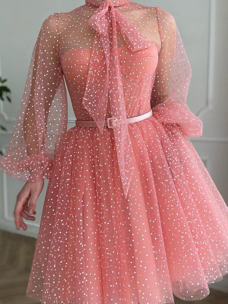 Polkadot Print Tie Neck Lantern Sleeve Mesh Prom Dress - LuckyFash™