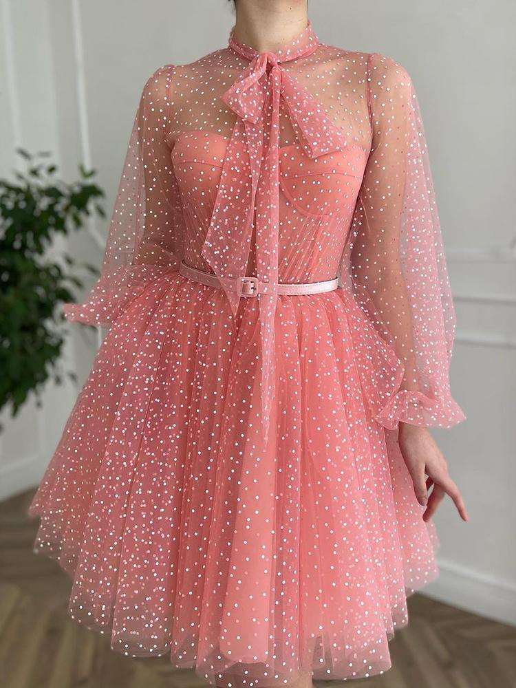 Polkadot Print Tie Neck Lantern Sleeve Mesh Prom Dress - LuckyFash™