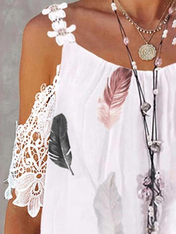 Print Lace Cold Shoulder Elegant T-shirt - LuckyFash™