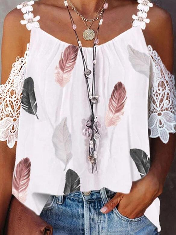 Print Lace Cold Shoulder Elegant T-shirt - LuckyFash™