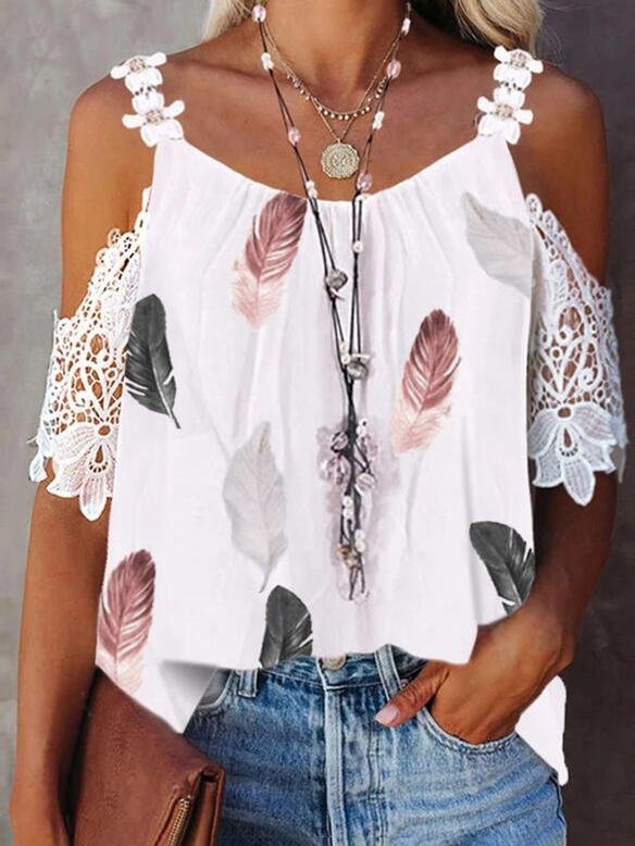 Print Lace Cold Shoulder Elegant T-shirt - LuckyFash™