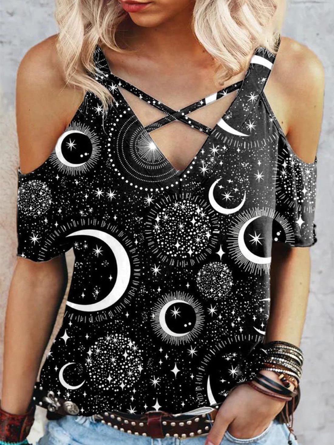 Print V Neck Off Shoulder T-Shirt - LuckyFash™