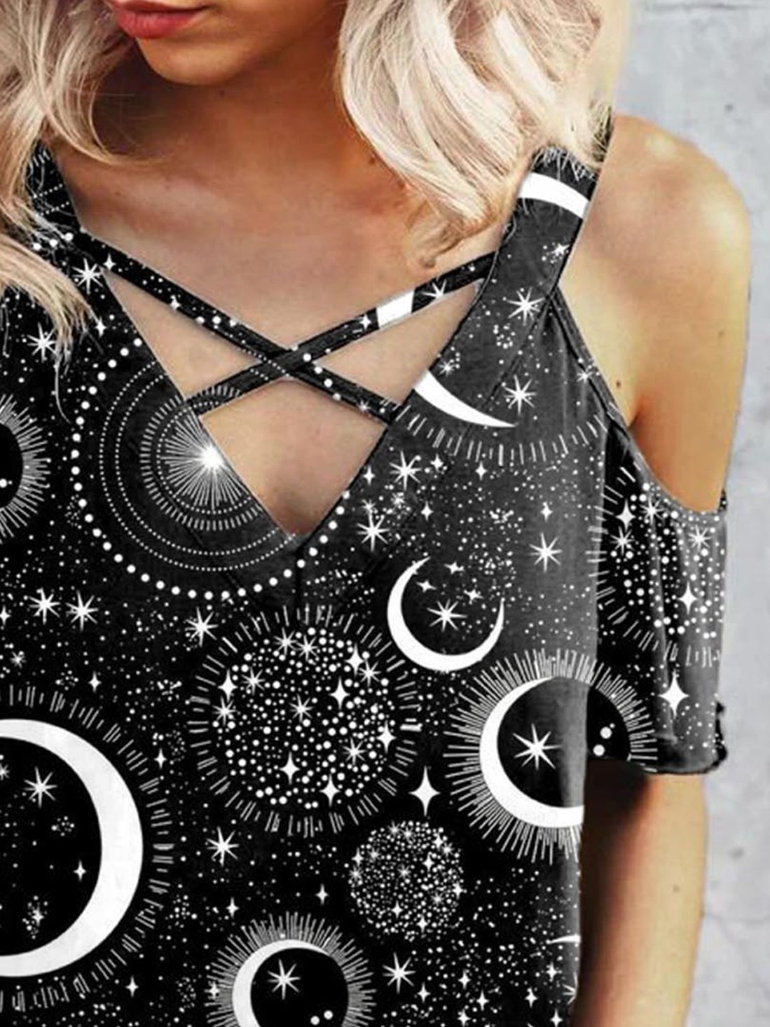 Print V Neck Off Shoulder T-Shirt - LuckyFash™