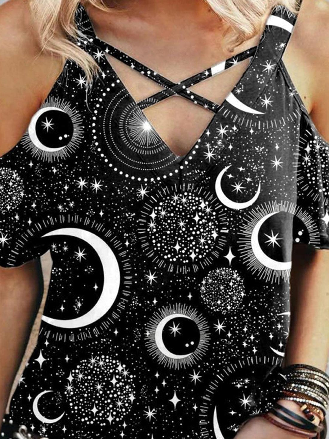 Print V Neck Off Shoulder T-Shirt - LuckyFash™