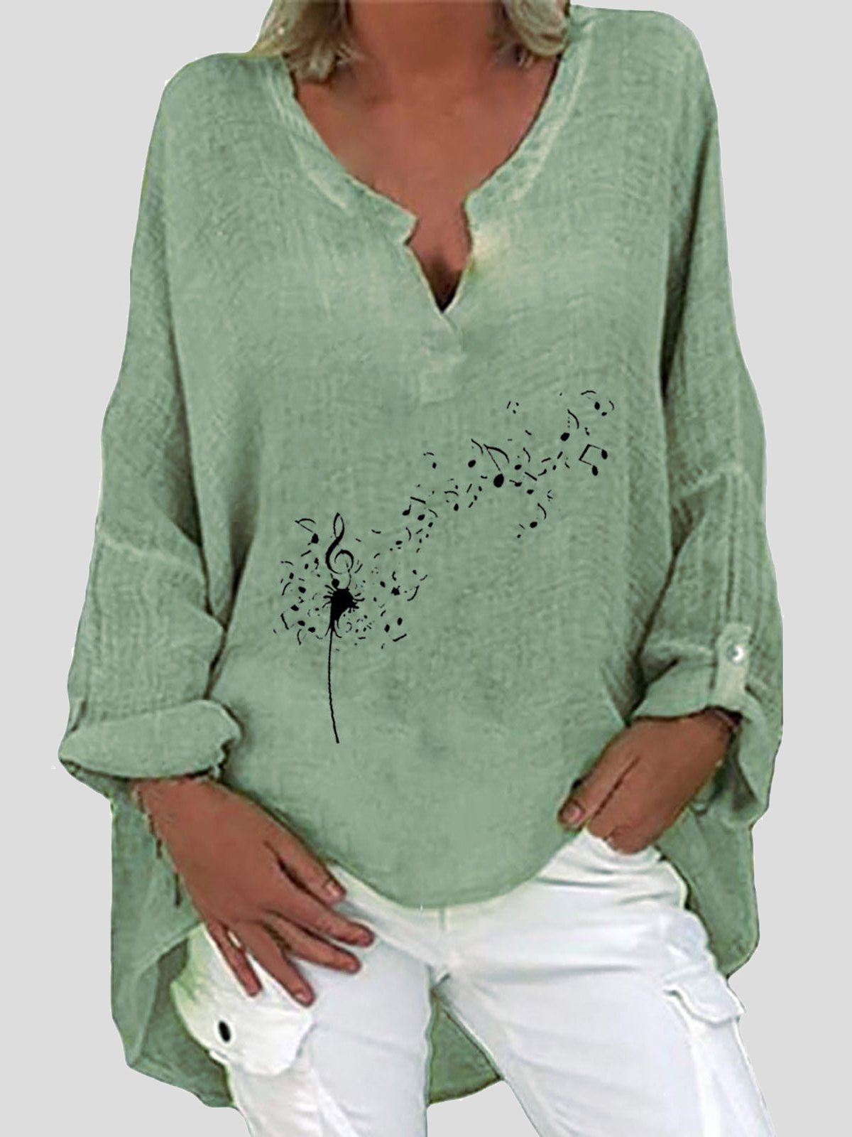 Print V-neck Print Long Sleeve Irregular Blouses - LuckyFash™