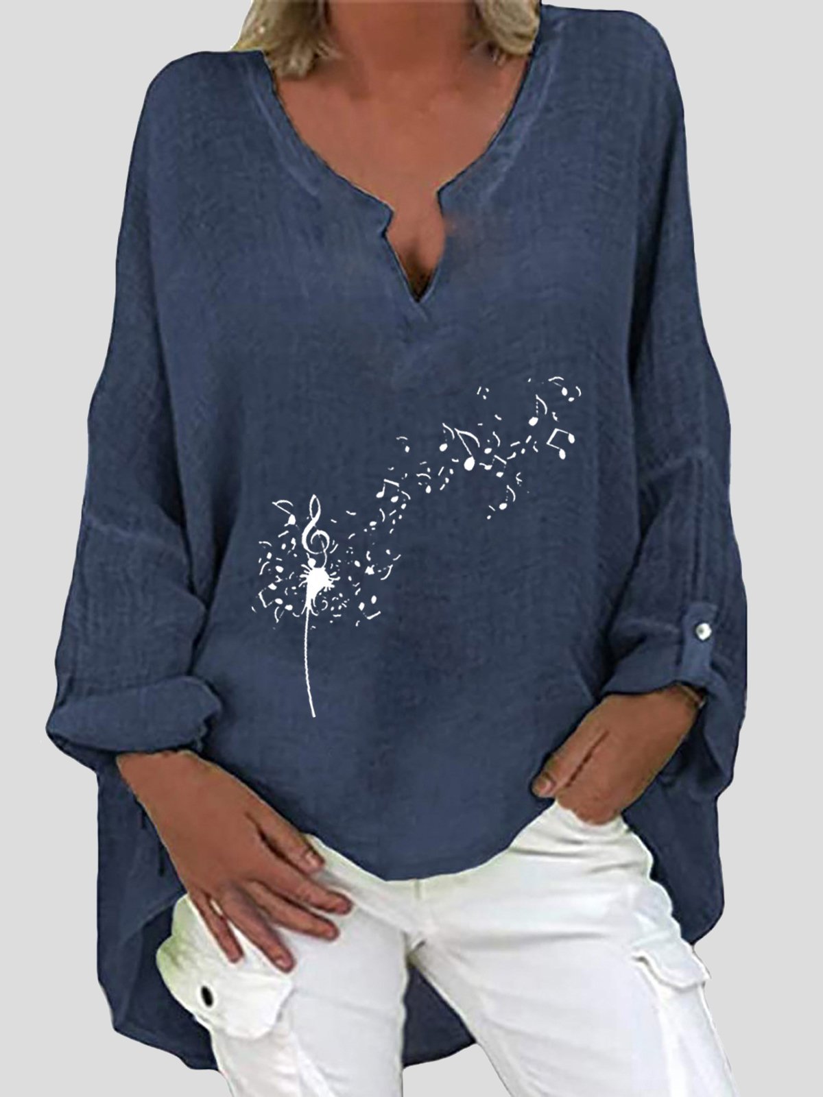 Print V-neck Print Long Sleeve Irregular Blouses - LuckyFash™