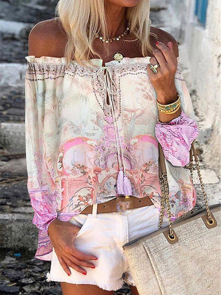 Printed Boat Neck Flare Sleeve Chiffon Blouses - LuckyFash™
