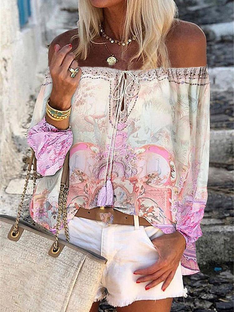 Printed Boat Neck Flare Sleeve Chiffon Blouses - LuckyFash™