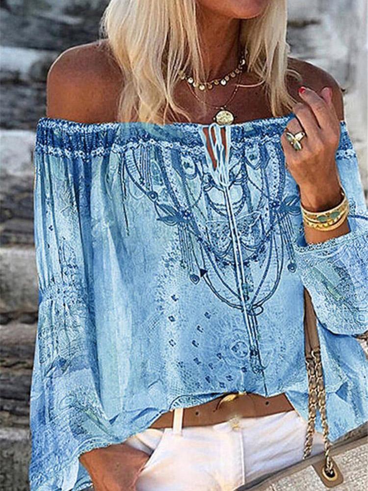Printed Boat Neck Flare Sleeve Chiffon Blouses - LuckyFash™