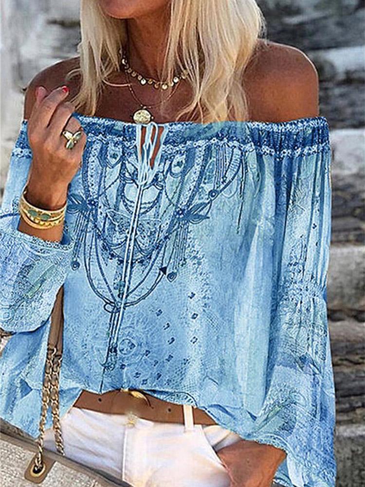 Printed Boat Neck Flare Sleeve Chiffon Blouses - LuckyFash™