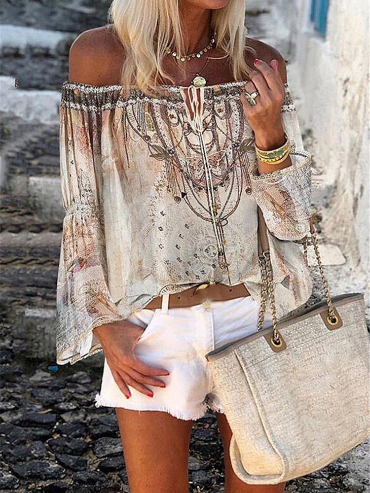 Printed Boat Neck Flare Sleeve Chiffon Blouses - LuckyFash™