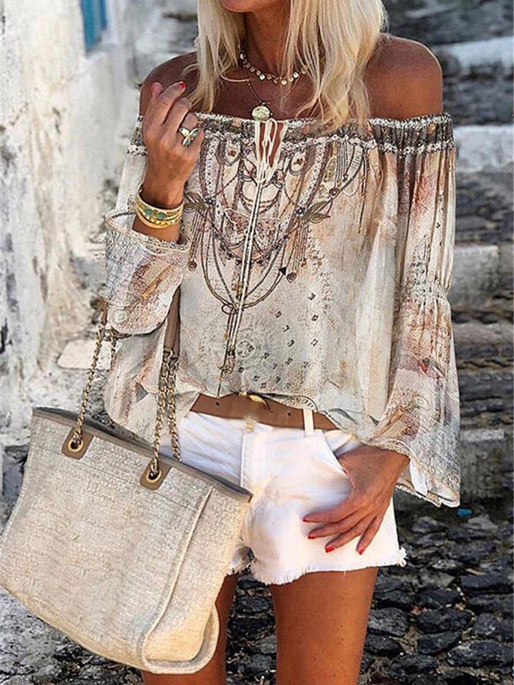 Printed Boat Neck Flare Sleeve Chiffon Blouses - LuckyFash™