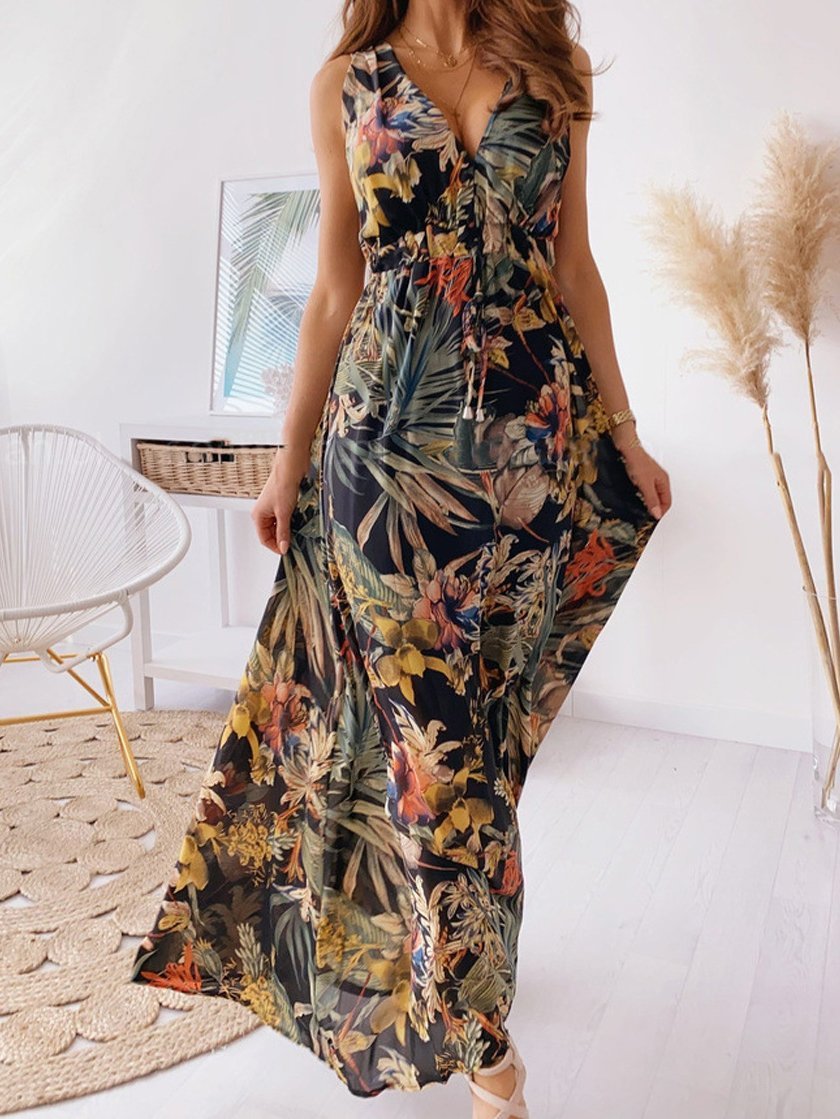 Printed Deep V-Neck Sleeveless Open Back Dress - LuckyFash™