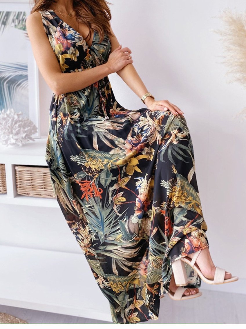 Printed Deep V-Neck Sleeveless Open Back Dress - LuckyFash™