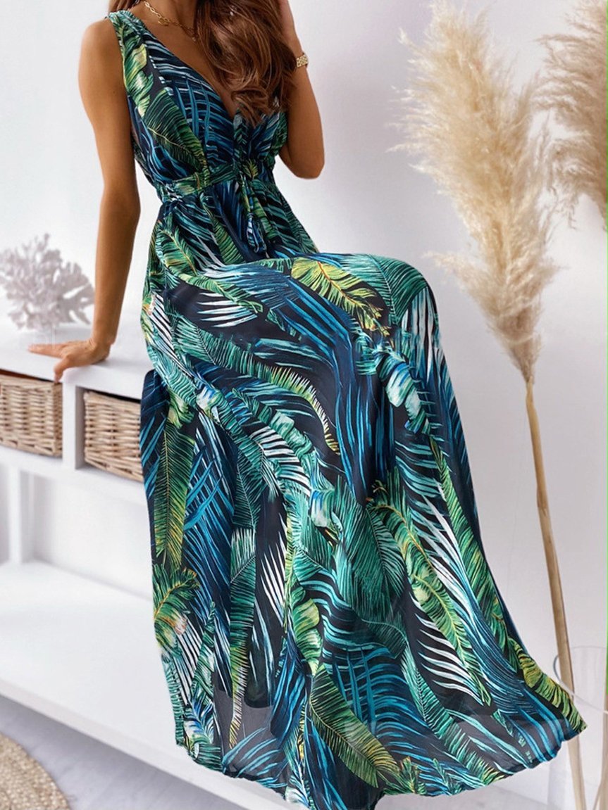 Printed Deep V-Neck Sleeveless Open Back Dress - LuckyFash™