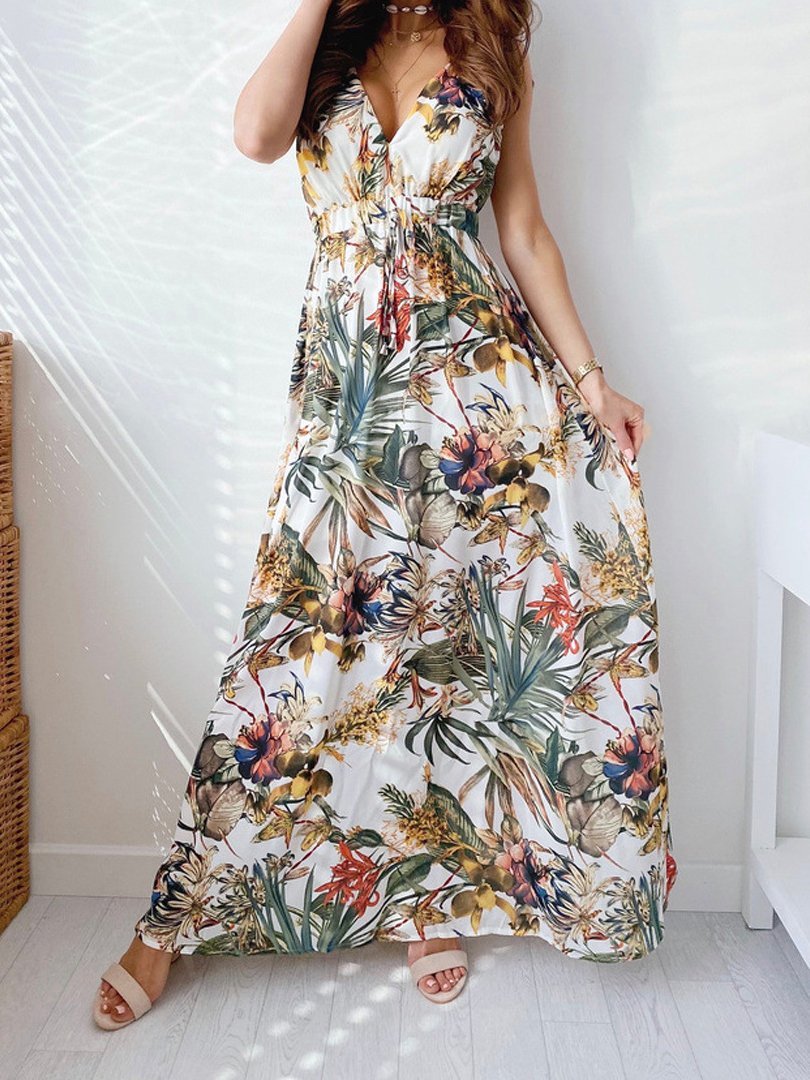 Printed Deep V-Neck Sleeveless Open Back Dress - LuckyFash™