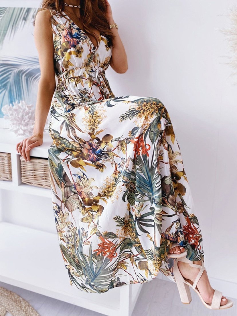 Printed Deep V-Neck Sleeveless Open Back Dress - LuckyFash™