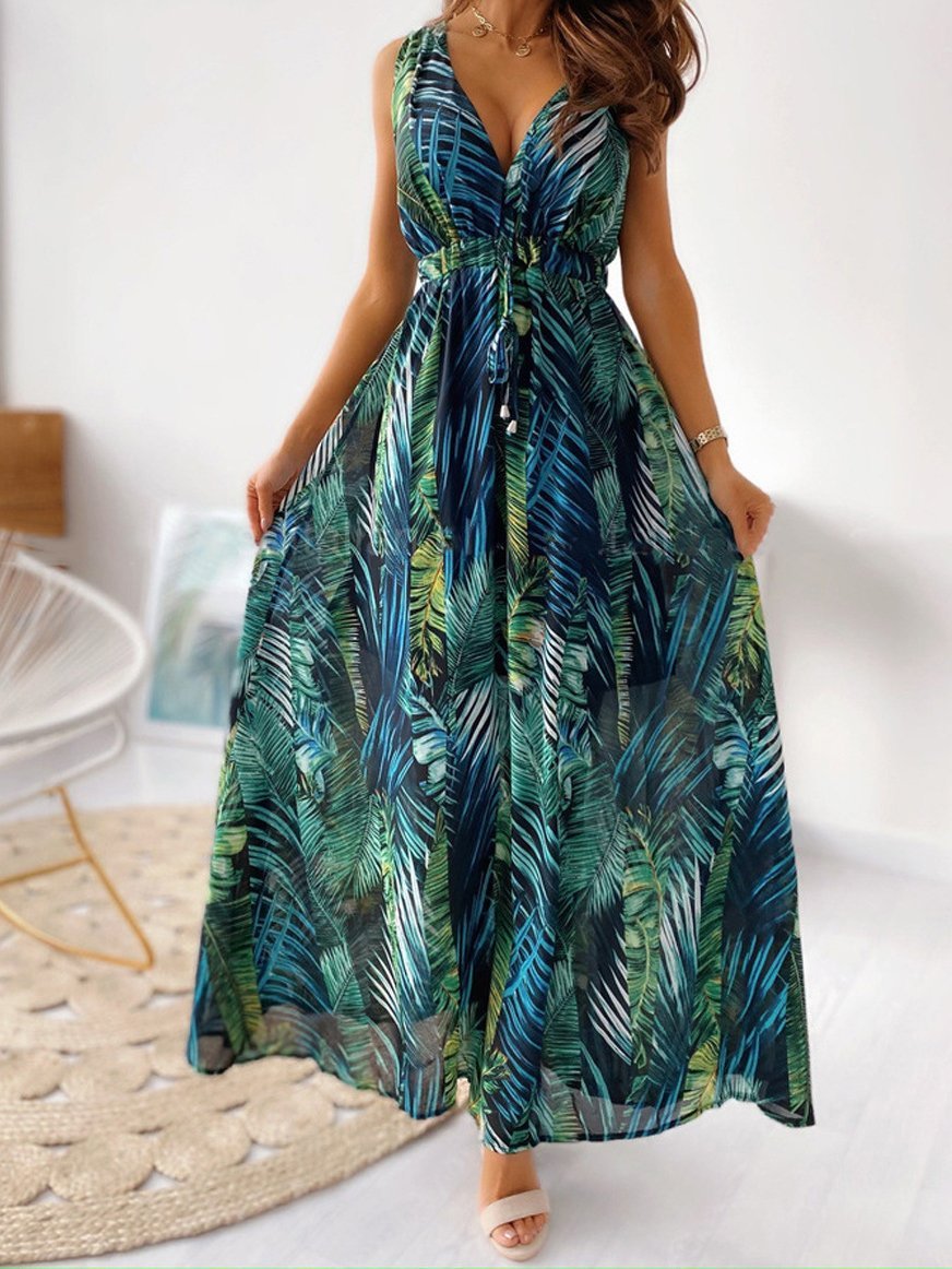 Printed Deep V-Neck Sleeveless Open Back Dress - LuckyFash™