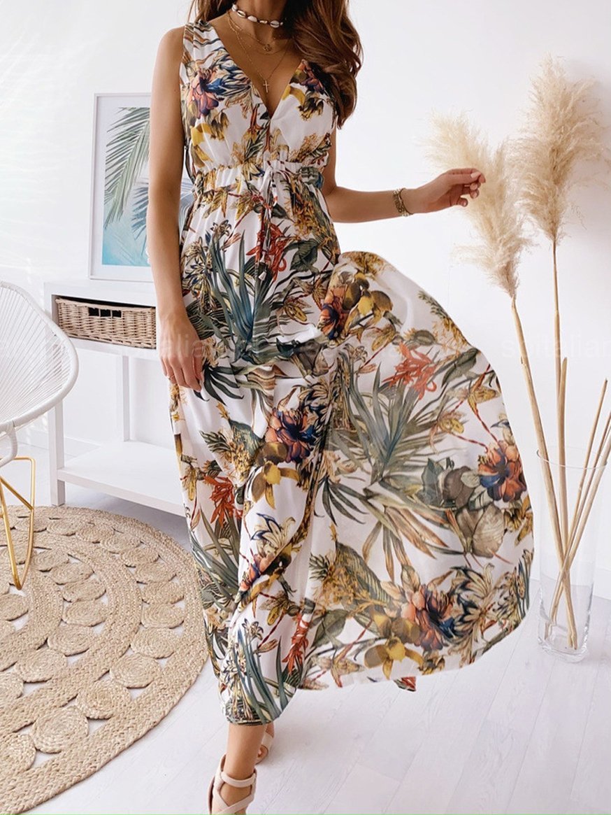 Printed Deep V-Neck Sleeveless Open Back Dress - LuckyFash™