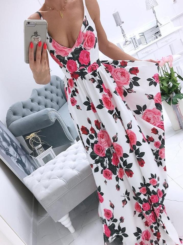 Printed Deep V-Neck Sleeveless Slit Dress - LuckyFash™