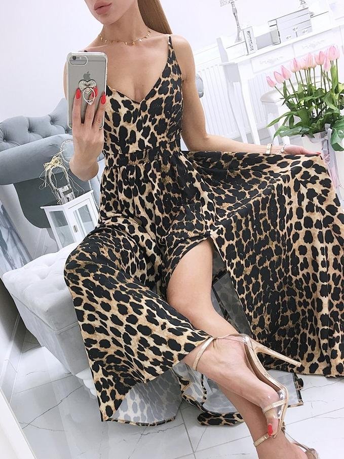 Printed Deep V-Neck Sleeveless Slit Dress - LuckyFash™