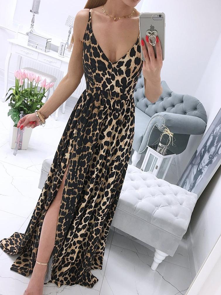 Printed Deep V-Neck Sleeveless Slit Dress - LuckyFash™