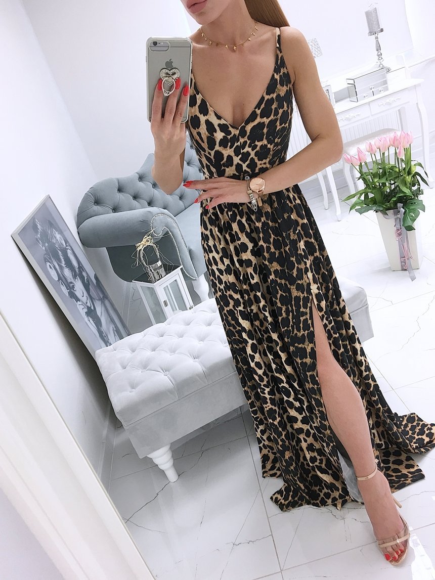 Printed Deep V-Neck Sleeveless Slit Dress - LuckyFash™