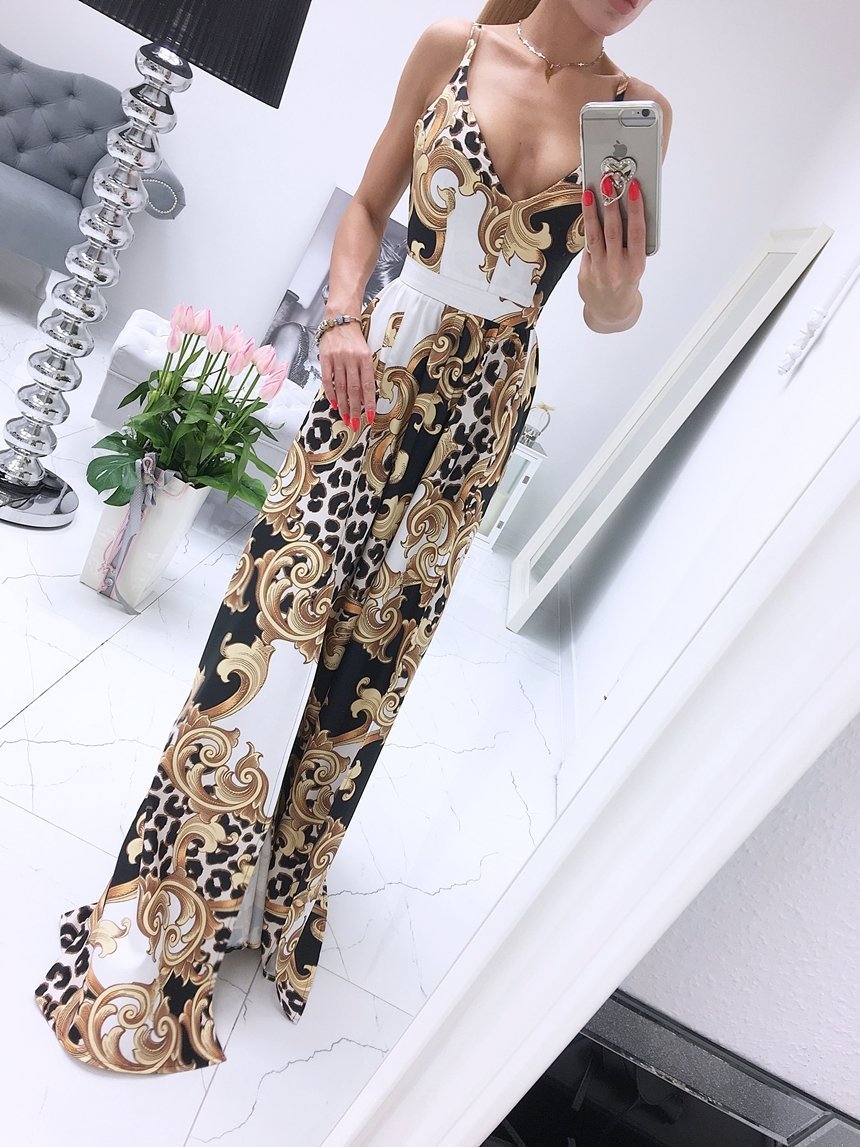 Printed Deep V-Neck Sleeveless Slit Dress - LuckyFash™