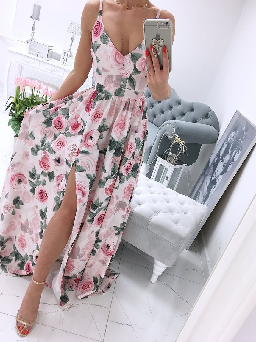 Printed Deep V-Neck Sleeveless Slit Dress - LuckyFash™