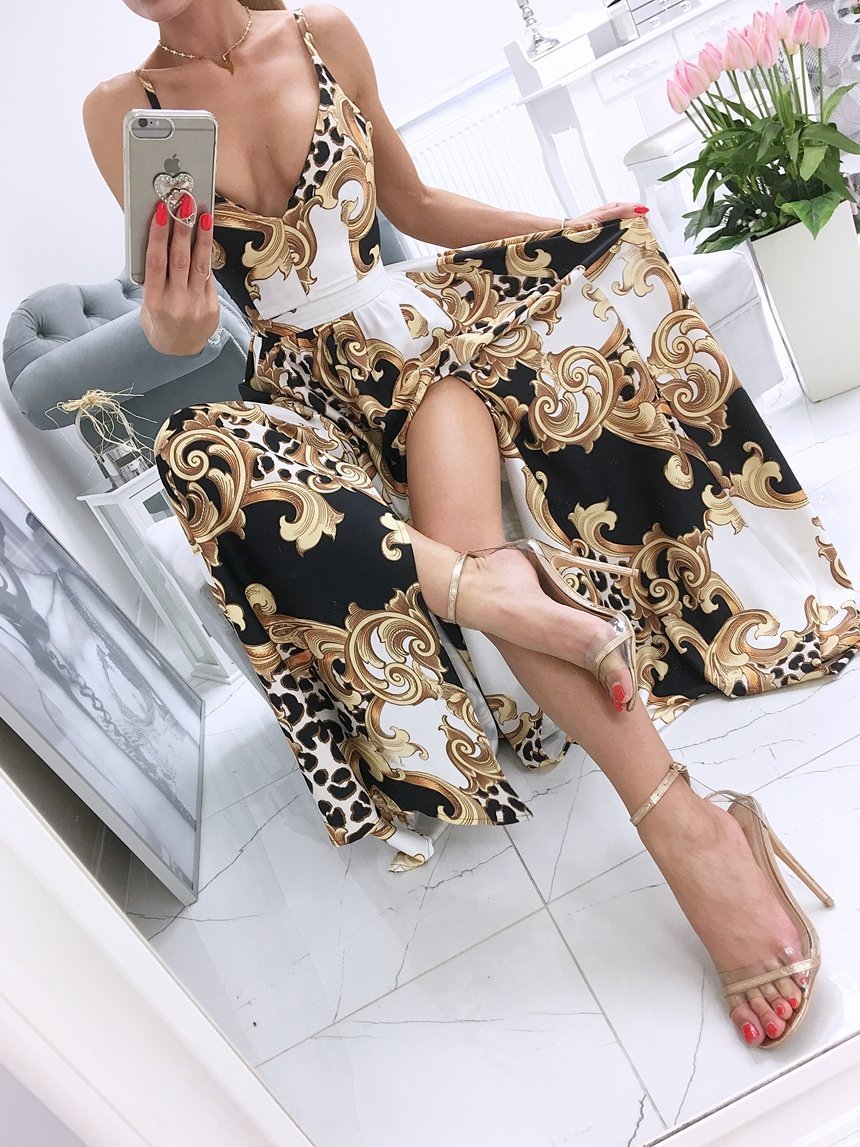 Printed Deep V-Neck Sleeveless Slit Dress - LuckyFash™